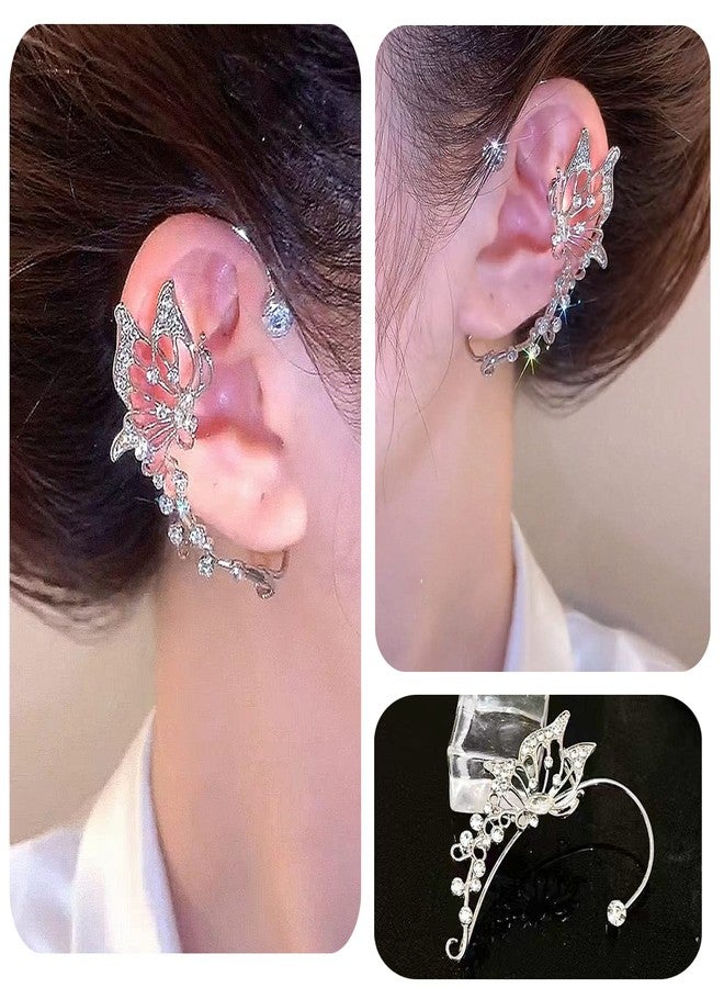 ATCEME 2 Pcs Butterfly Ear Cuff Earrings for Women Non Piercing Rhinestone Goth Fairy Elf Ear Cuff Butterfly Ear Wrap Earrings for Bridal Wedding Prom For Teen(Silver) - Image 2